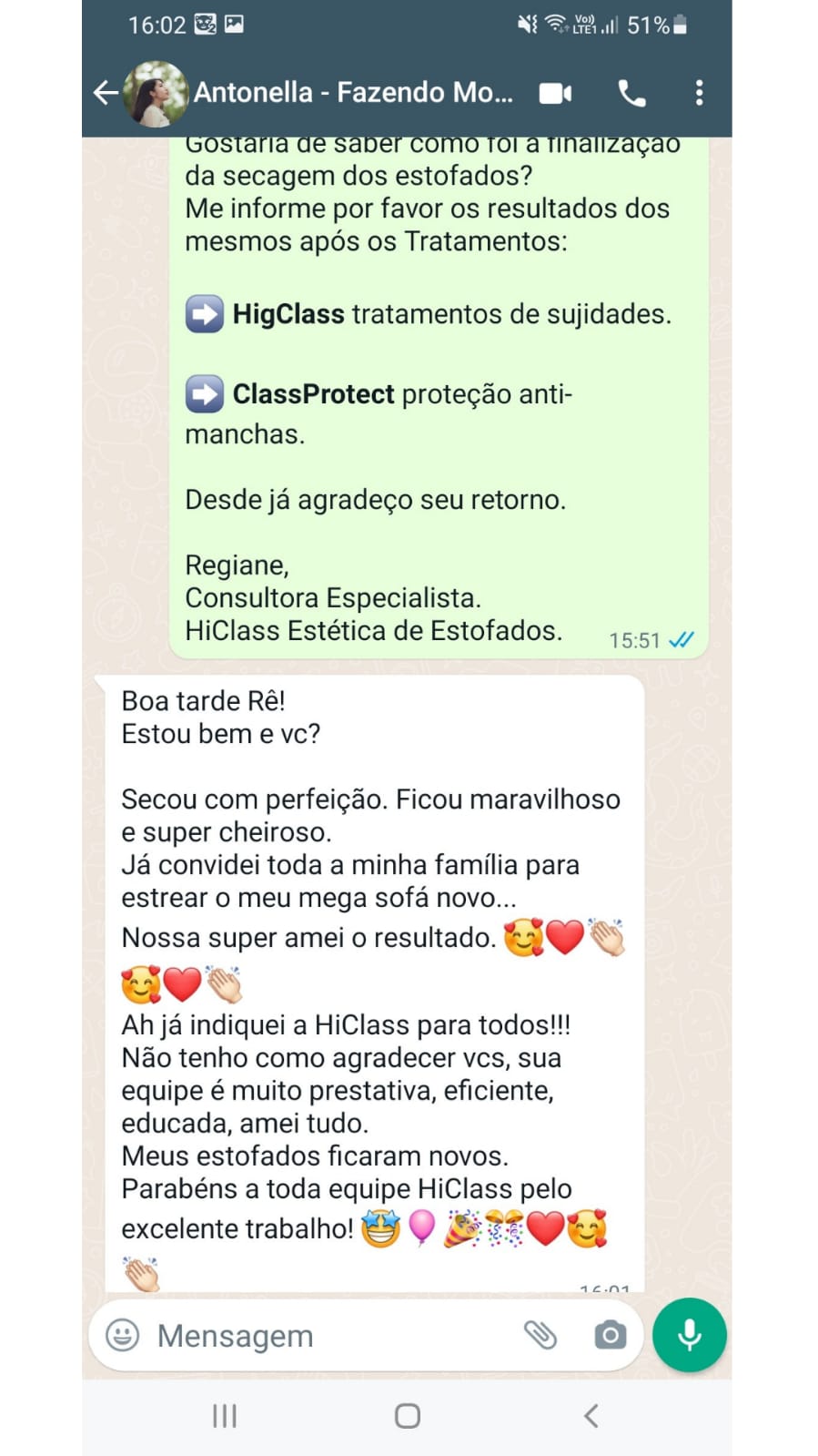 Depoimento Cliente HiClass Higienização de Estofados